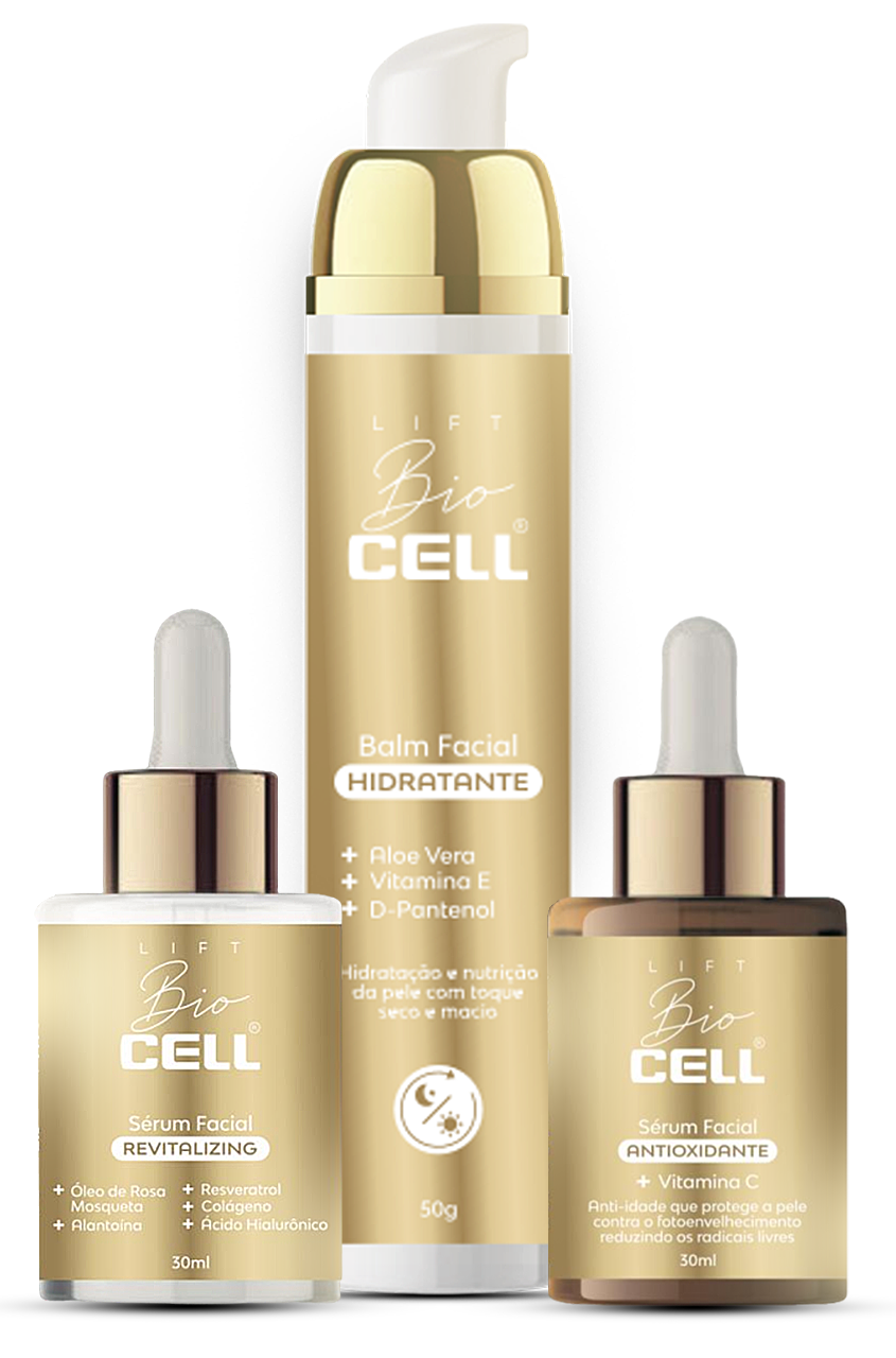 Linha completa LIFT Bio Cell — Sérum Antioxidante, Sérum Revitalizing e Balm Facial
